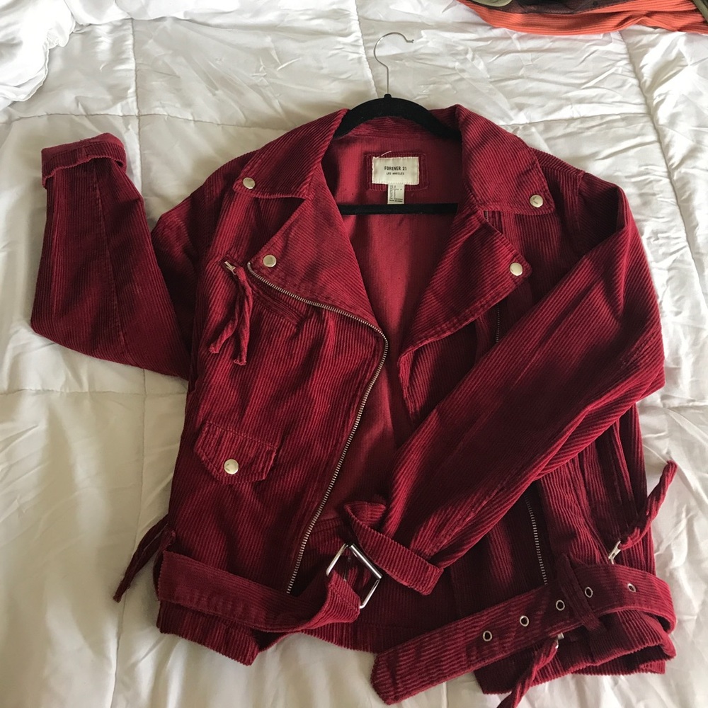 Red corduroy motorcycle jacket